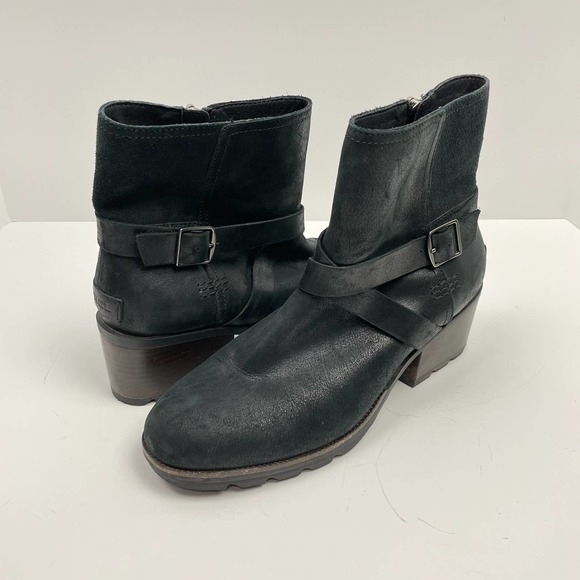Sorel | Cate Buckle Black Leather Waterproof Block Heel Ankle Boots Booties - Picture 2 of 11